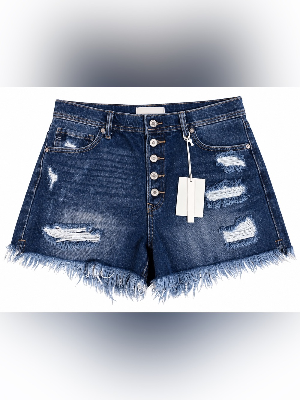KanCan Distressed Button-Front Denim Shorts - Dark Blue